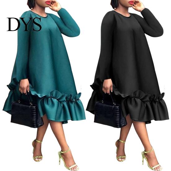 Faltenrock-Kleid Übergröße A-Linie Rüsche Knielang Einfarbige Midi-Länge Damen Ärmel O-Ausschnitt Breite Taille für Verabredungen Formelle Bankette Partys Frühling