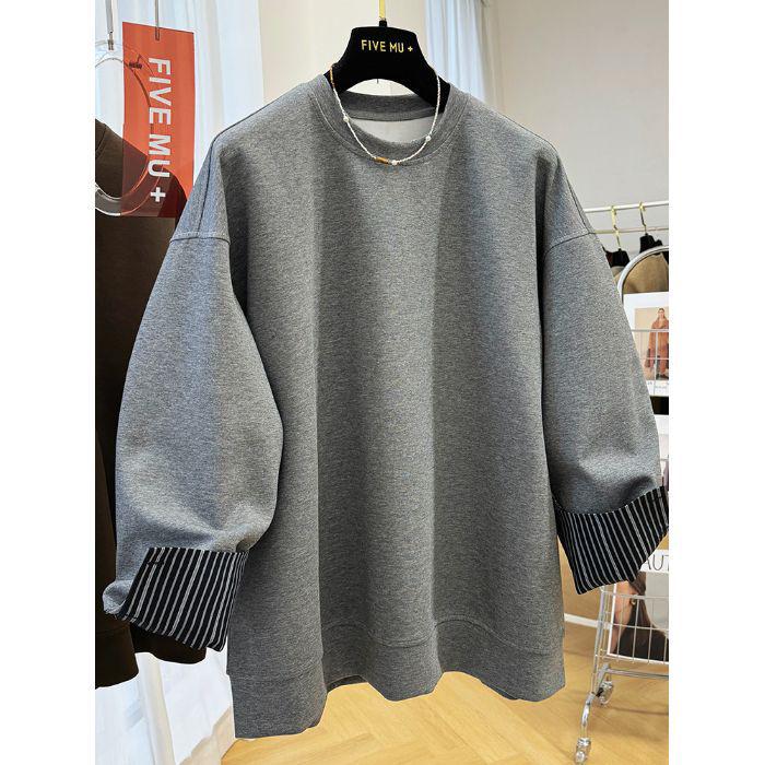 Damen Chic Samt Patchwork Zweiteiliger Look Sweatshirt: Gemütliches, Entspanntes Herbst-/Winter-Oberteil mit Rundhalsausschnitt