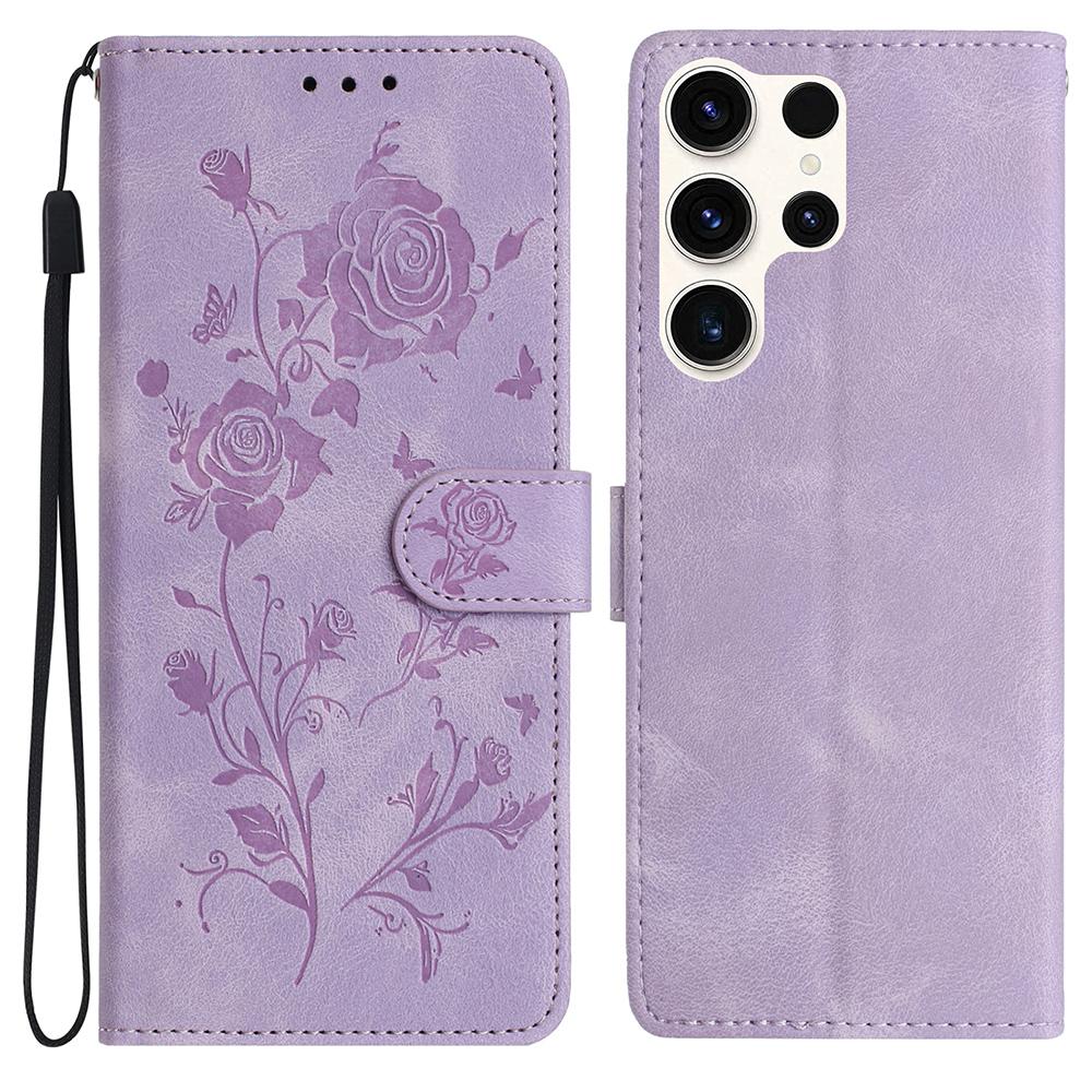 For Samsung Galaxy S24 Ultra Wallet Case Rose Pattern Imprinted Leather Flip Stand Phone Cover