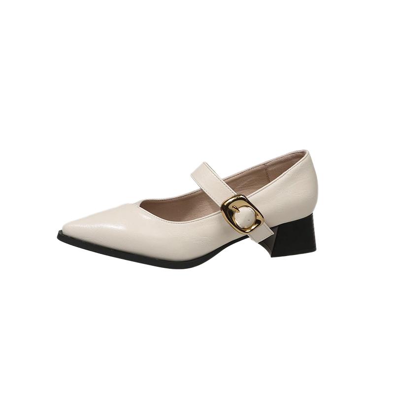Pointed Toe Mary Jane Shoes Women's Spring New Vintage Versatile Block Heel One Strap Shoes