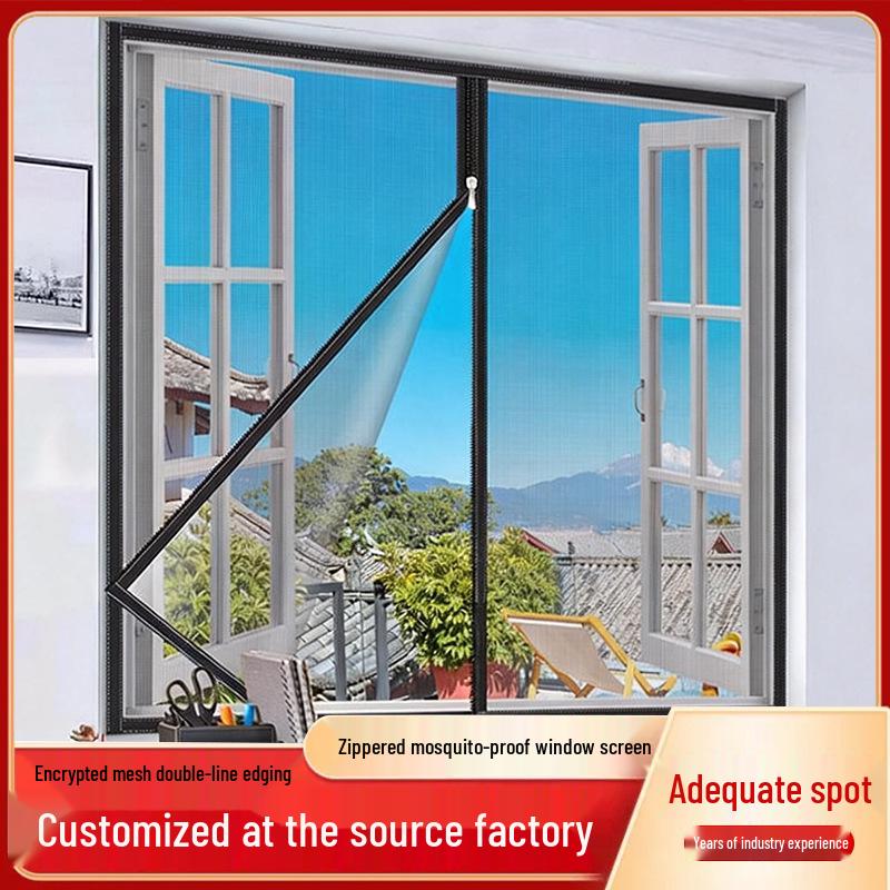 Self-Adhesive Black Mesh Window Screen with Zippered Nano PP and Velcro Edging for Easy Mosquito Protection