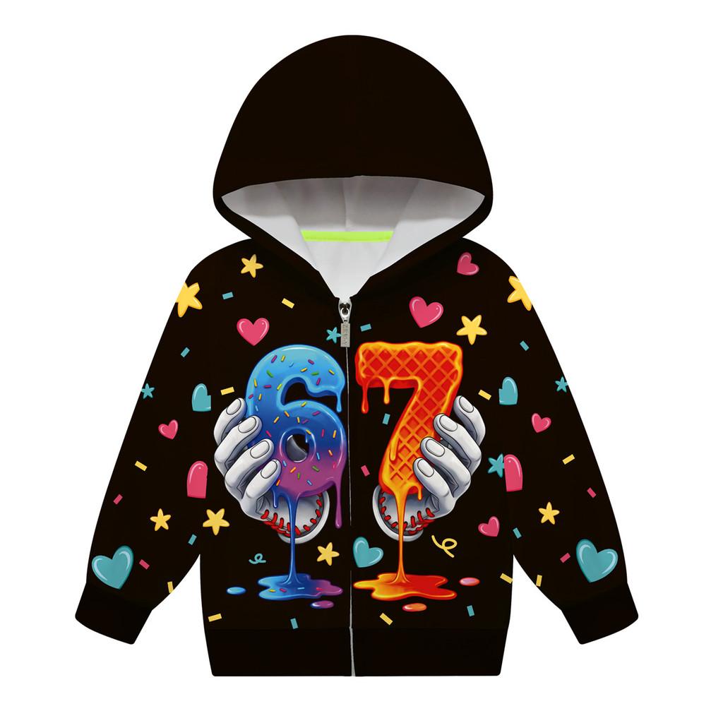 Mädchen Anime Cartoon Steal a Brainrot 67 Aufdruck Lässige Kapuzenjacke mit Reißverschluss Langarm Jacke Mantel