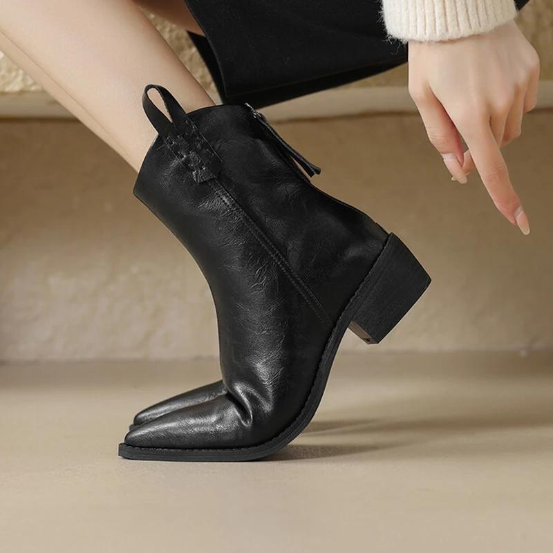Fashion NEW Winter Women Boots Split Leather Shoes for Women Pointed Toe Chunky Heel Shoes Warm Wool Snow Boots Casual Zip Short Boots