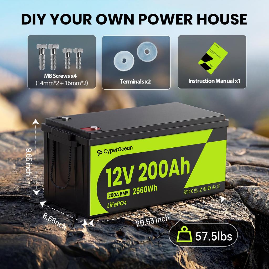 Cyperocean 12V 200Ah LiFePO4 Battery  2560Wh 200A BMS 6000+ Charge Cycles  Expandable Up To 40.96kWh – For RVs, Solar Panels, and Off-grid Use