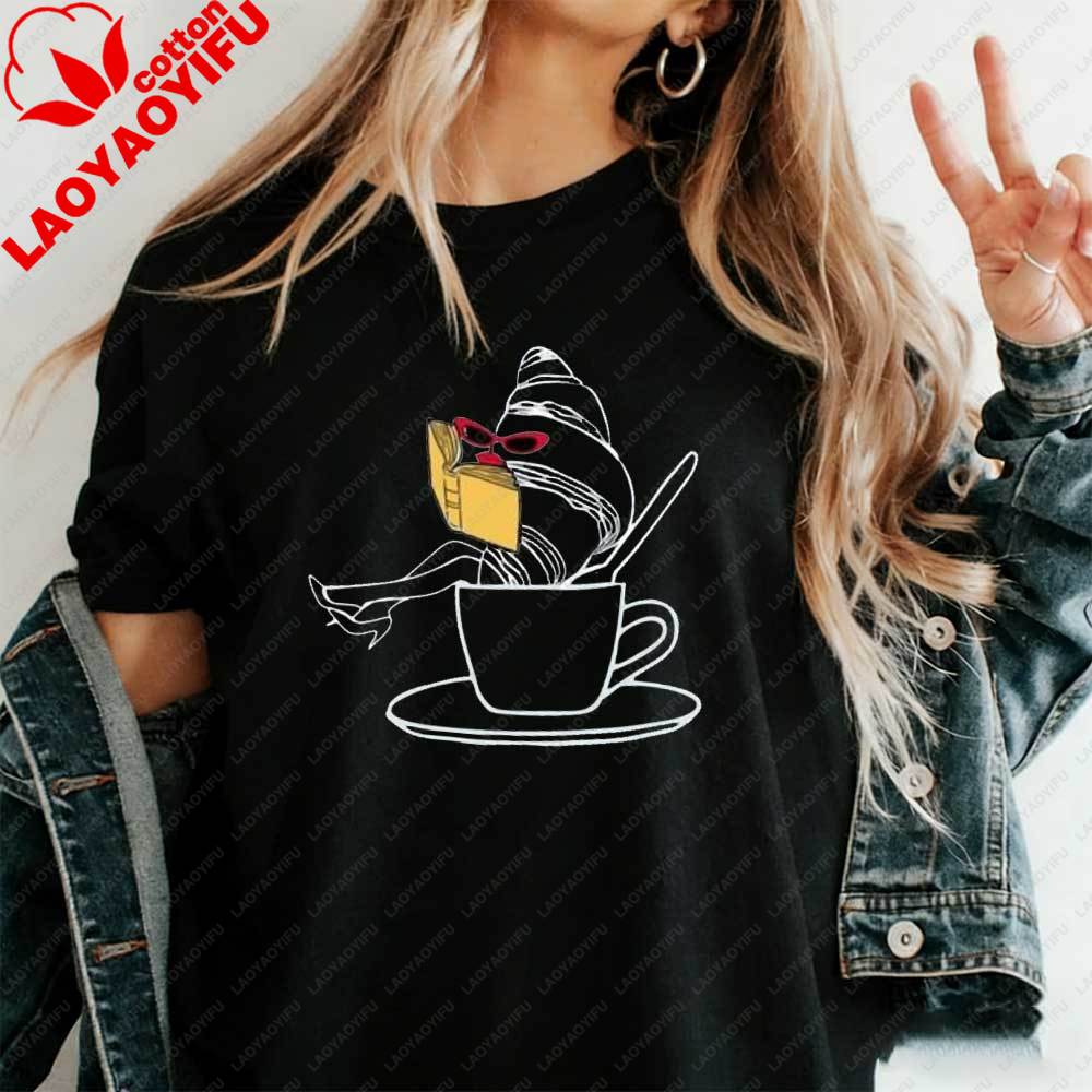 Funny Croissant Coffee Graphic TShirt for Women Cute Cartoon Food Meme Cotton Tshirt Summer Casual Tops Meme Streetwear Shirts