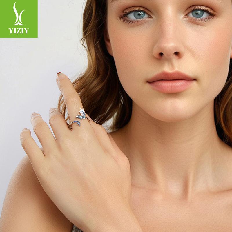 S925 Sterling Silver Blue Dragon Open Ring, Cross-Border Popular Personalized Ring Hand Jewelry