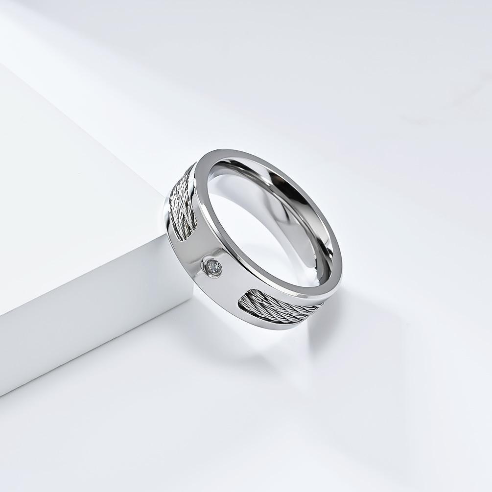 Ins Personalisierter Edelstahlring mit Zirkonia-Einlage für Herren, Silberner Hip-Hop-Stil-Schmuck, modischer Fingerring mit Drahtseil-Design