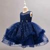 Girls Blue Princess Dress Sequined Tulle Puffy Gown For Wedding Party Host