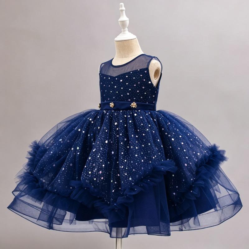Girls Blue Princess Dress Sequined Tulle Puffy Gown For Wedding Party Host