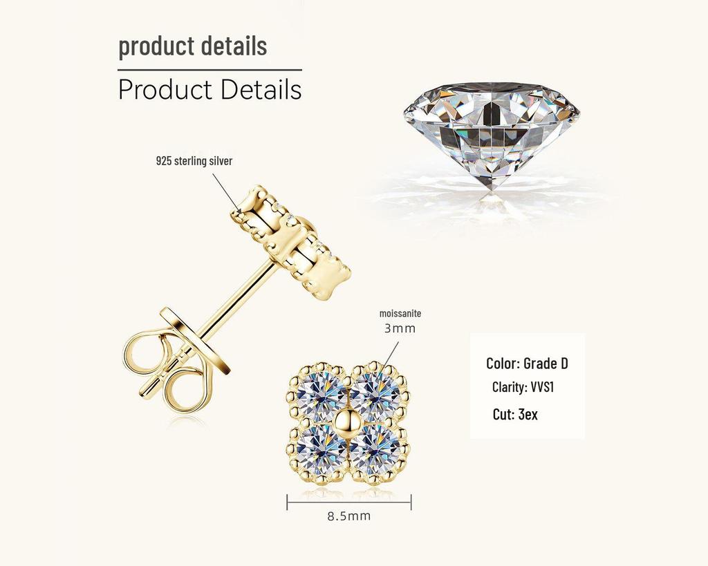 Four-Leaf Clover Necklace: Japanese & Korean Style, S925 Sterling Silver Moissanite Pendant, Gold-Plated Clavicle Chain