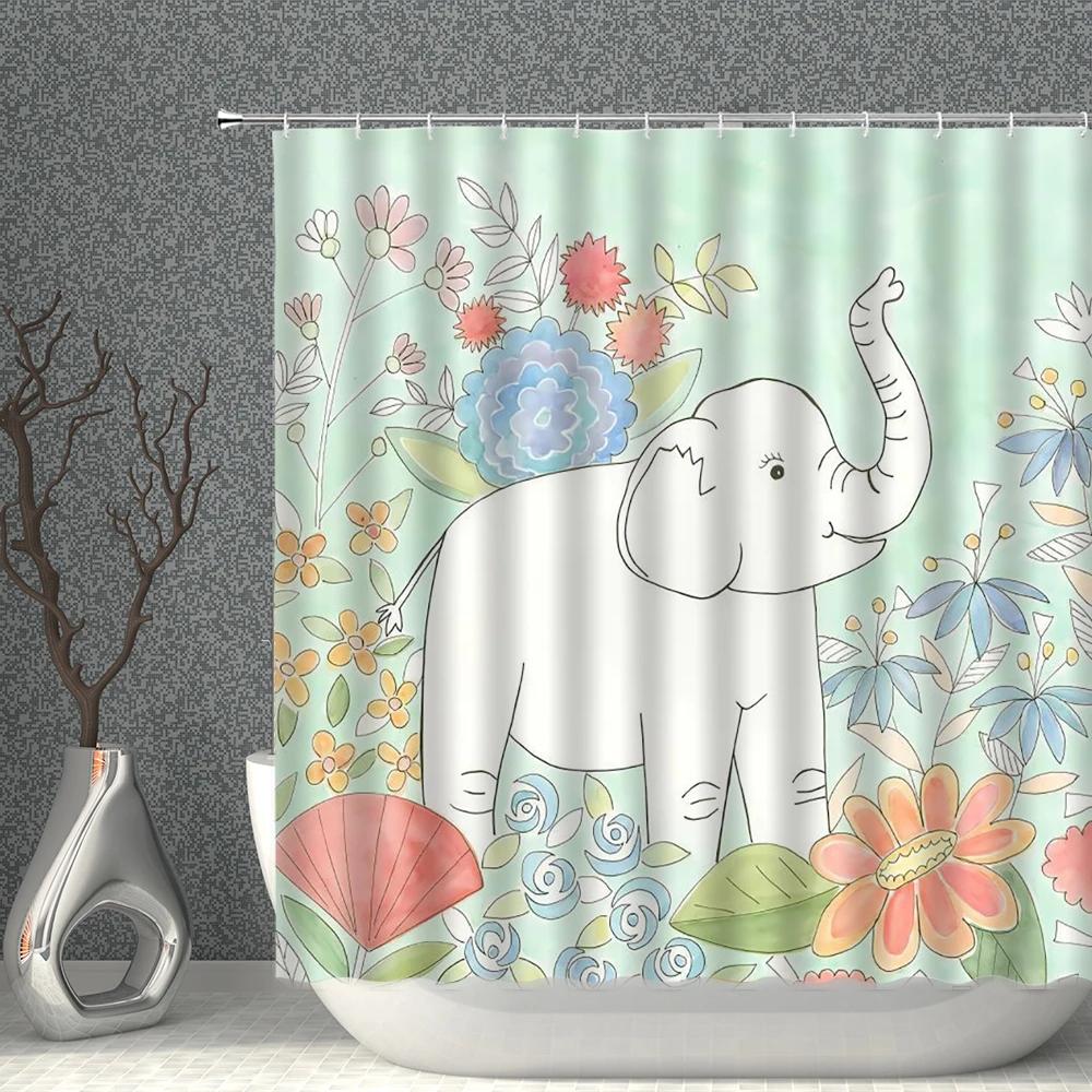 Cute Cartoon Shower Curtain Waterproof Polyester Fabric Bear Rabbit Elephant Cat Penguin Household With Hooks Bathroom Screen