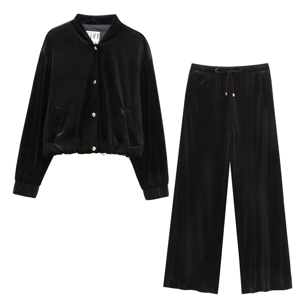 European & American Style Velvet Bomber Jacket Coat with Casual Loose Wide-Leg Pants - Women's Autumn/Winter Fashion.