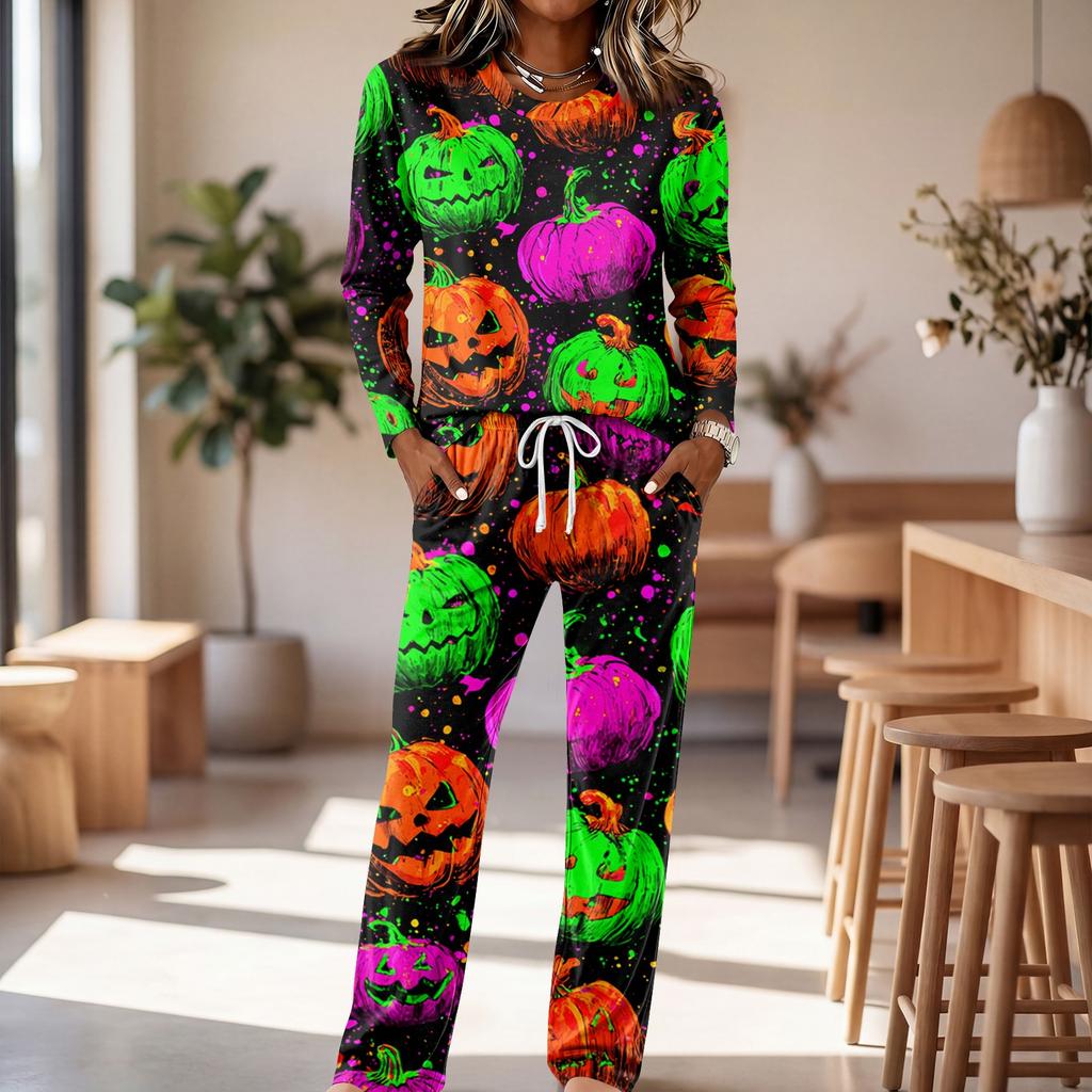 Women's Round Neck Long Sleeve Drawstring Wide Leg Pajama Set for Casual Loungewear