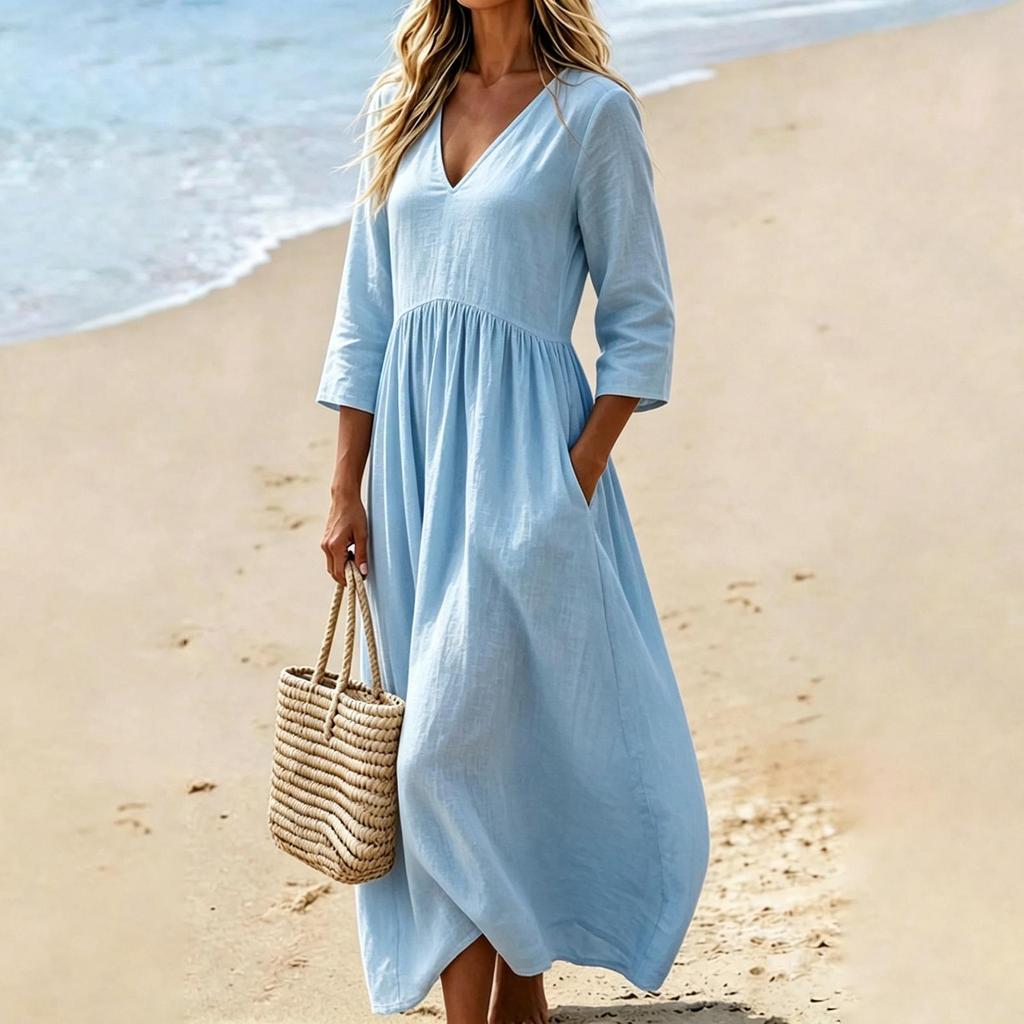 Women V Neck Three Quarter Sleeve Loose Fit Cotton Linen Dress with Pockets Casual Solid Midi Length Comfortable Style
