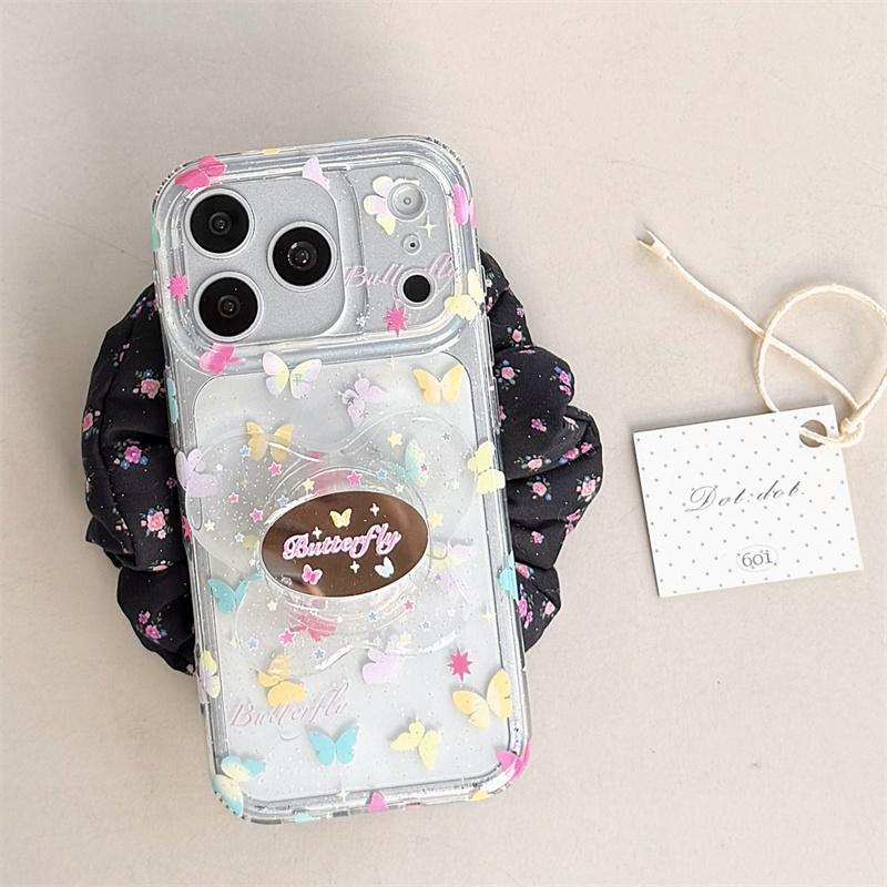 Shockproof Clear Phone Case For iPhone 14 15 16 17 Pro Max Colorful Butterfly Glitter With Pop Socket Large Window Fairy Cover