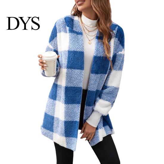 Cardigan Sweater Winter Coat Plaid Print Hooded Thick Windproof Open Stitch Knit Outerwear Mid Length Fuzzy Plush Jacket for School Travel Fall
