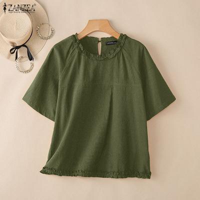 Blusa Casual Feminina de Manga Curta e Cor Sólida com Decote Redondo