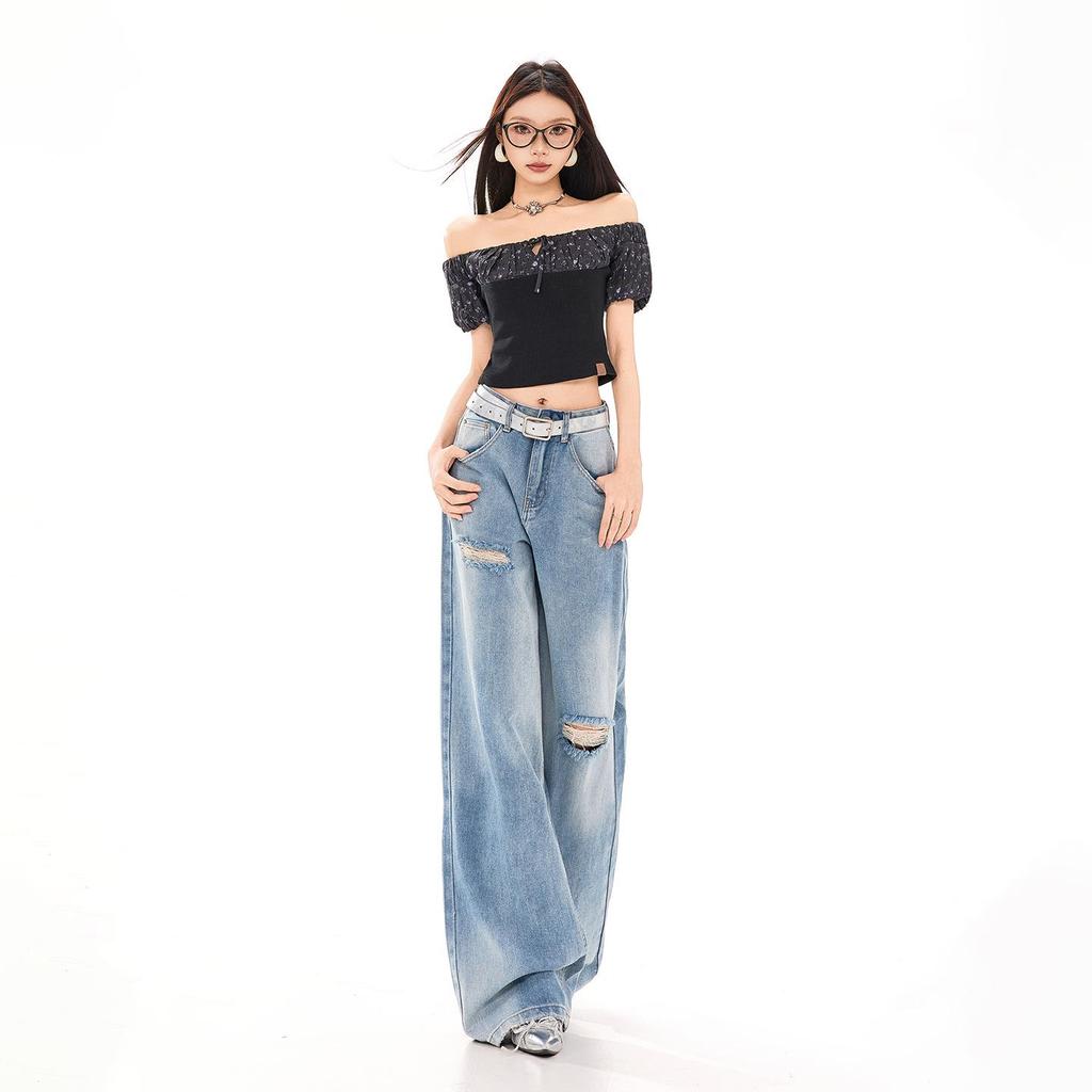 Women's American Retro Ripped Wide-Leg Jeans - 2026 Spring/Summer Collection, Versatile Slimming Design.