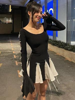 Lace Up High Waist Dress For Women Folds Splice Bodycon Mini Dress Girls Street Slim See Through Dresses Woman Autumn