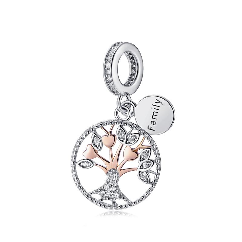 Original 925 Sterling copper Charm Bead Family Tree Mom Pendant Safety Chain Charms Rose Gold Fit Brand Bracelets DIY Zircon
