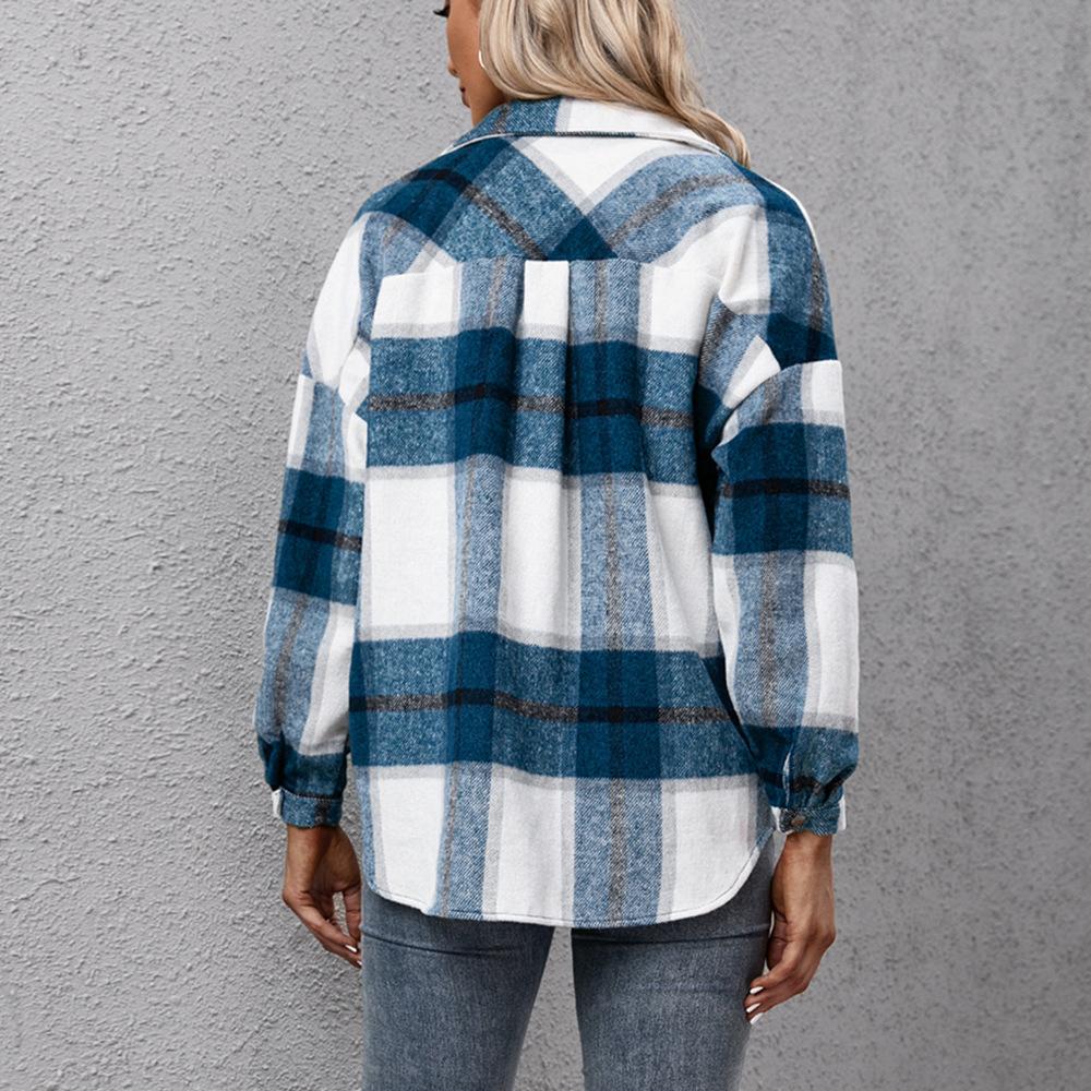 Thickened cashmere long-sleeved plaid top loose casual shirt plush plaid jacket jacket women