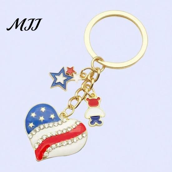 Star Shaped Keychain Independence Day Pendant, Enamel Zinc Alloy Key Holder with Feather Design USA Letters Stars Hearts Patriotic Design, American