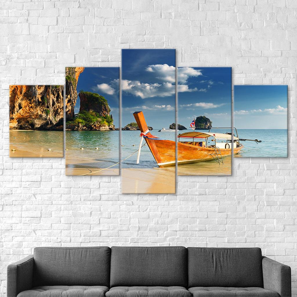 Thailand Island Hopping Boat Seascape 5 Piece Five Panel Wall Canvas Print Modern Art Poster Picture Home Decor Gift For Him For Her