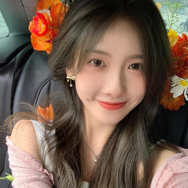 Korean Bow Inlaid Diamond S925 Silver Stud Earrings for Women – Elegant and Simple Design