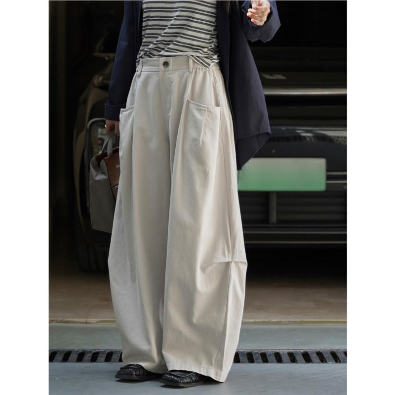 Johnature Japanese Relaxed Large-pocked Elastic Waist Trousers Structured Pants Women Casual Pants For Autumn Winter