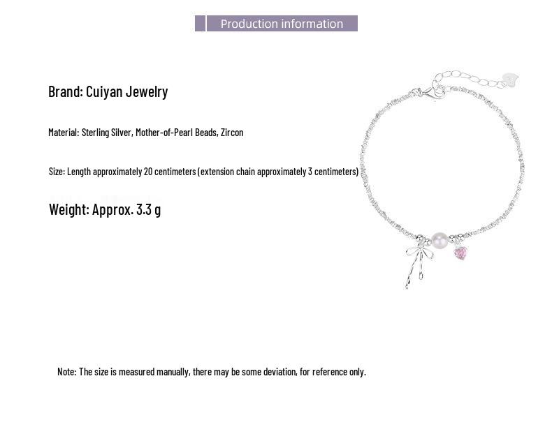 Cui Yan S925 Sterling Silver Korean Bow Bracelet with Pearl Flakes - Elegant and Sweet Design for Women
