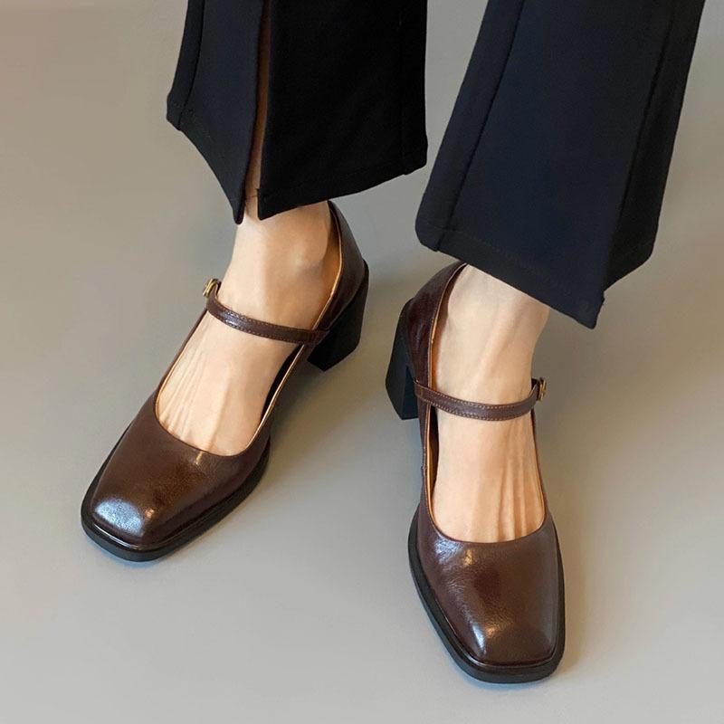 Retro Loafers Women Square Toe Mary Janes Shoes 2025 New Sping Summer Ankle Buckle Pumps Elegant Ladies Shoes Black High Heels