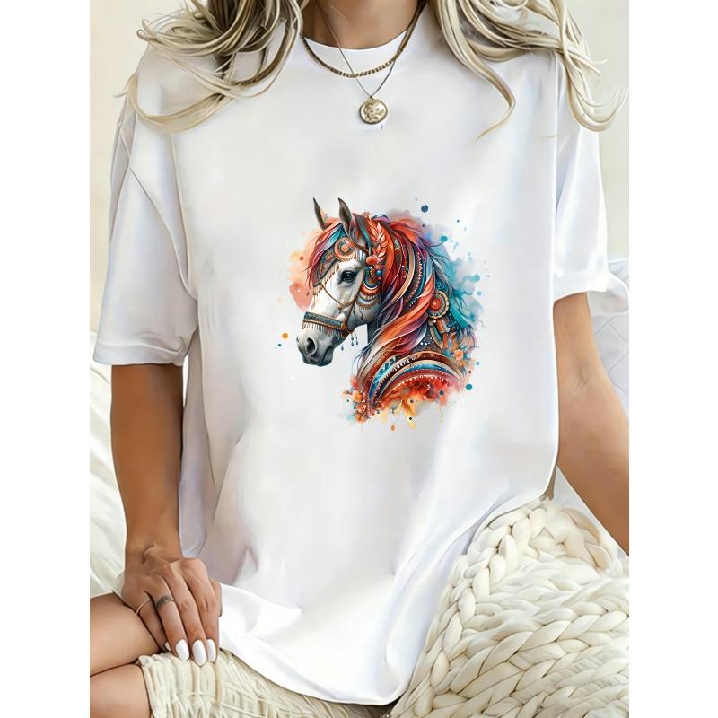 Oversized T Shirt Black Horse Head Art Print Casual Wear For Women Streetwear Fashion Statement Piece