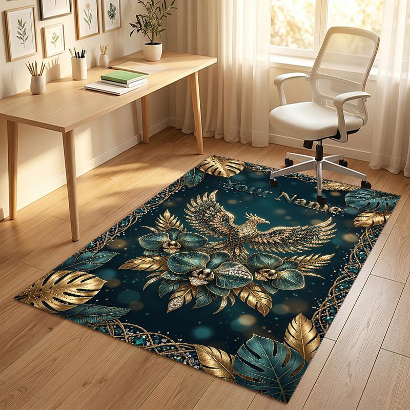 Dragon Phoenix Theme Crystal Velvet Rug Personalized Custom Name Text Soft Floor Mat Home Decor