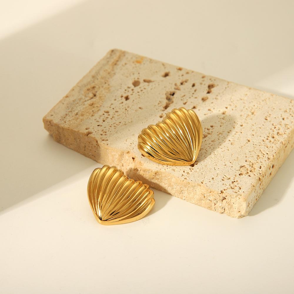 Gold Color Stainless Steel Love Charm Texture Earrings For Women Big Peach Pierce Stud