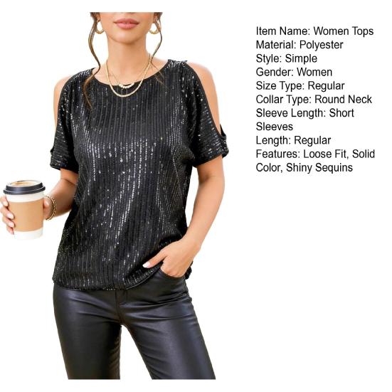 Damskie Bluzki Okrągły Dekolt Odkryte Ramię Krótki Rękaw Pulowerowe Bluzki Błyszczące Cekiny Seksowna Imprezowa Koszulka Wakacyjna Randkowa