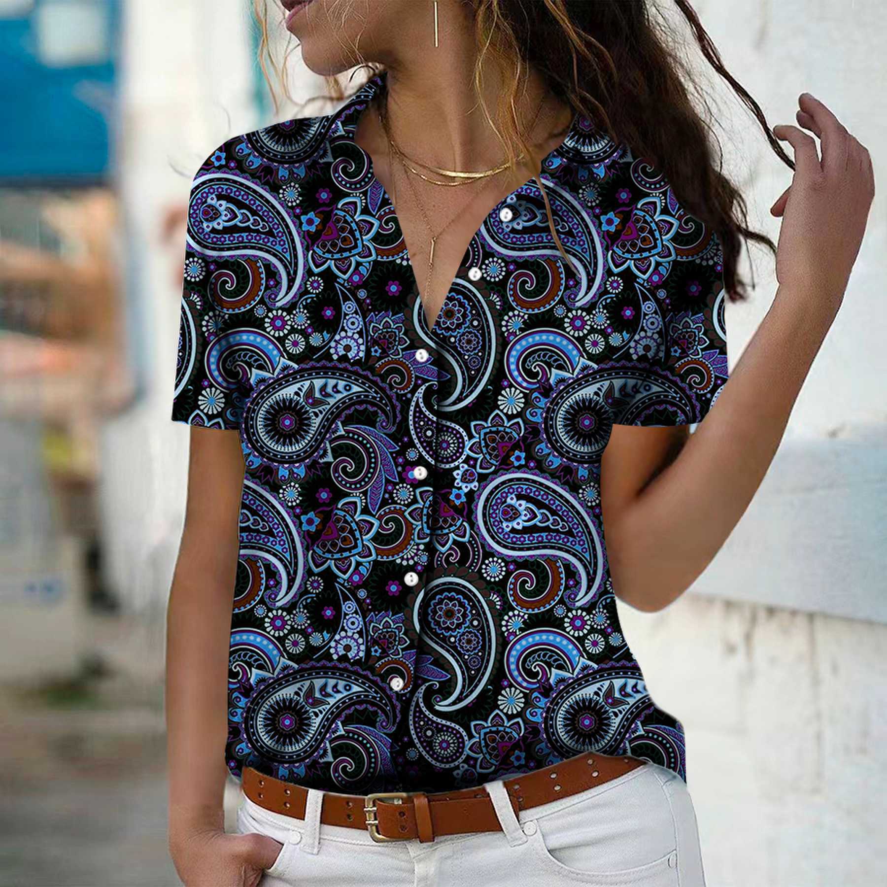 

2023 летняя новая модная женская повседневная рубашка на пуговицах с короткими рукавами и v-образным вырезом с принтом головастиков и короткими рукавами