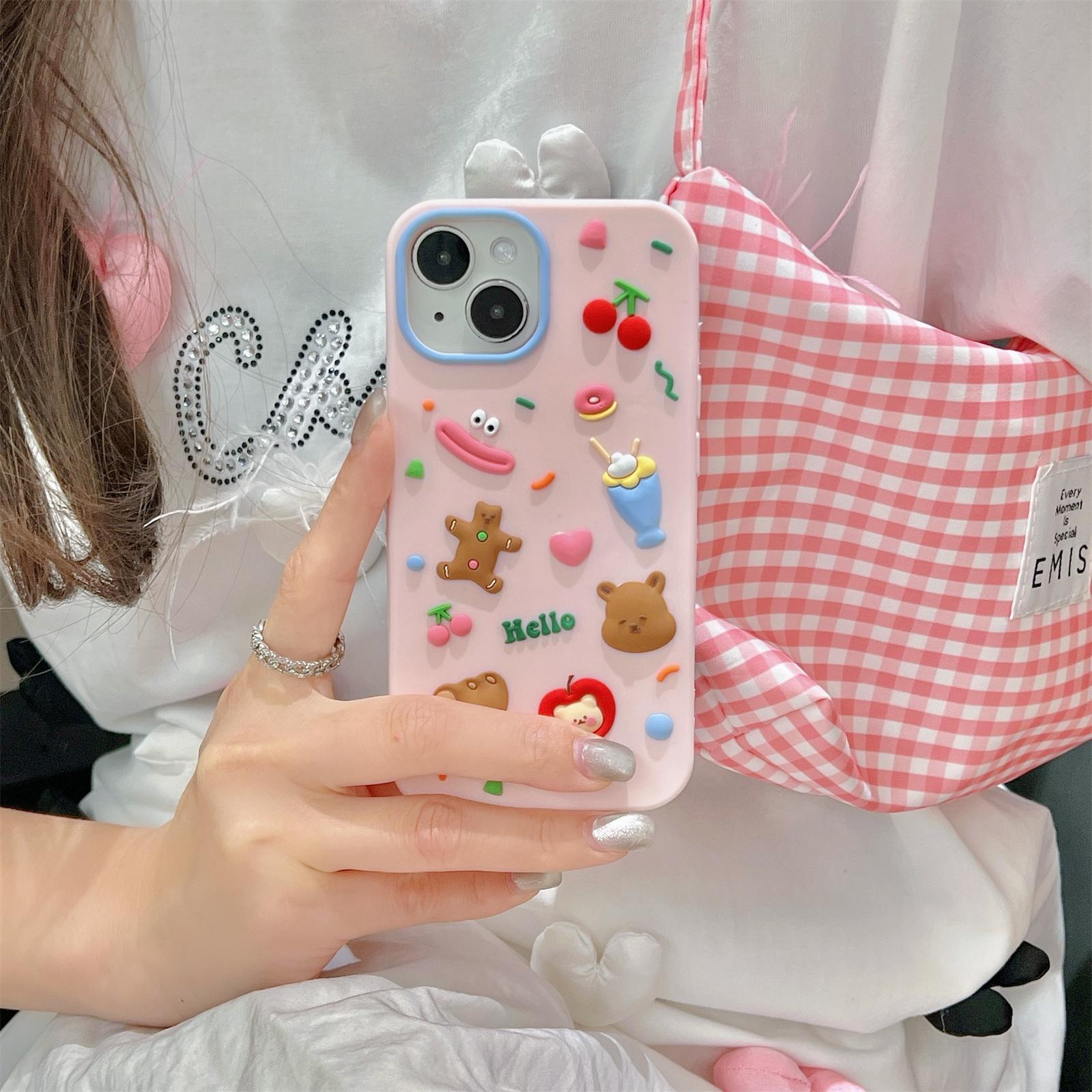 

For iPhone 15 Silicone Case Cute Hello Bear Design Shockproof Phone Back Cover Pink