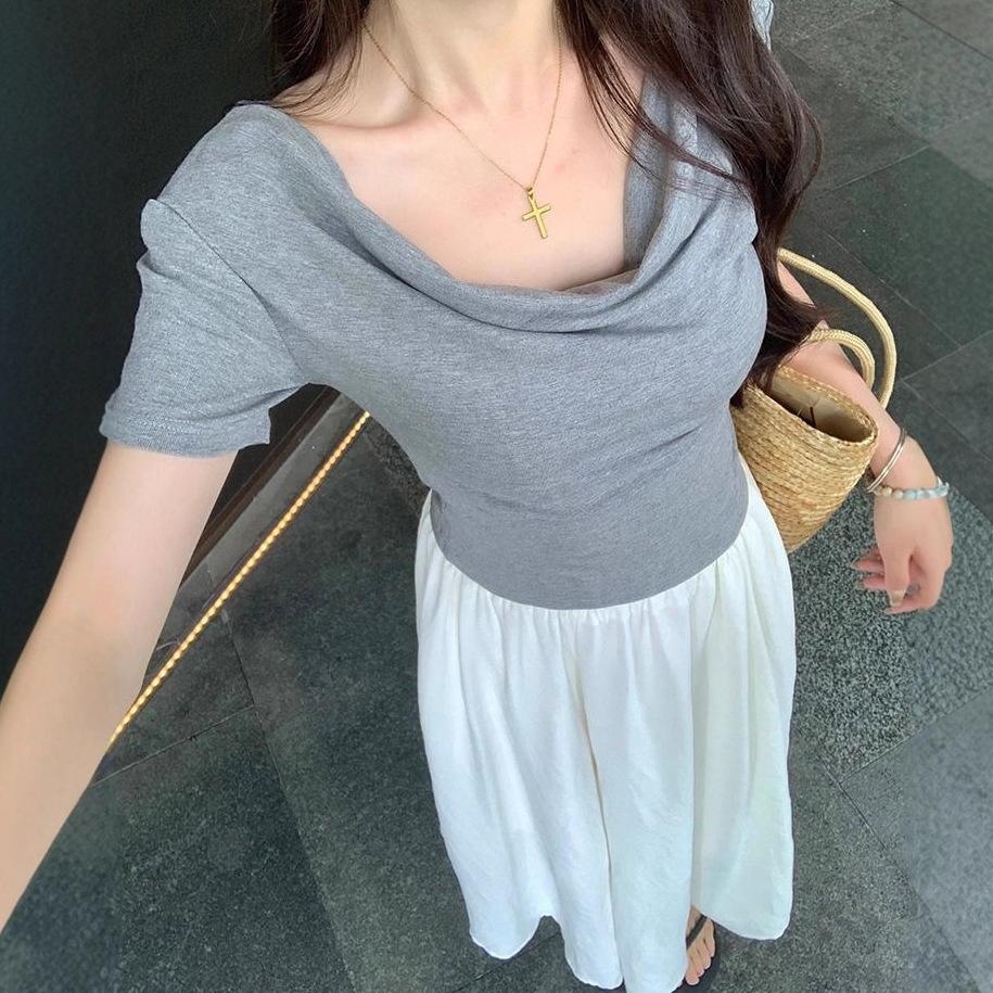 Design Swing Neck Short Sleeve T-Shirt Women's, Summer New Waist Slim Shoulder Top