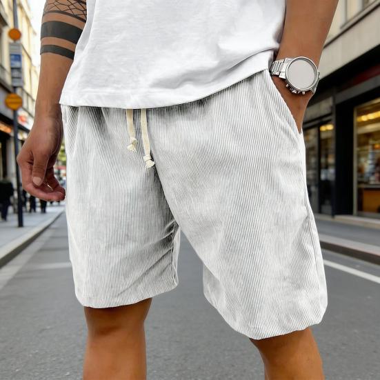 Men Shorts Elastic Waist Adjustable Leg Summer Corduroy Drawstring Wide Shorts with Pockets Loose Fit Casual