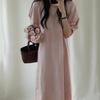 New ArrivalS Open Run Women S Cotton Flare Long dreSS Solid Color Puff Sleeve