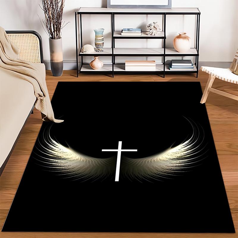 Angel Wings with Cross Design Rug Non-slip Rug Suitable for Living Room and Bedroom Sofas.