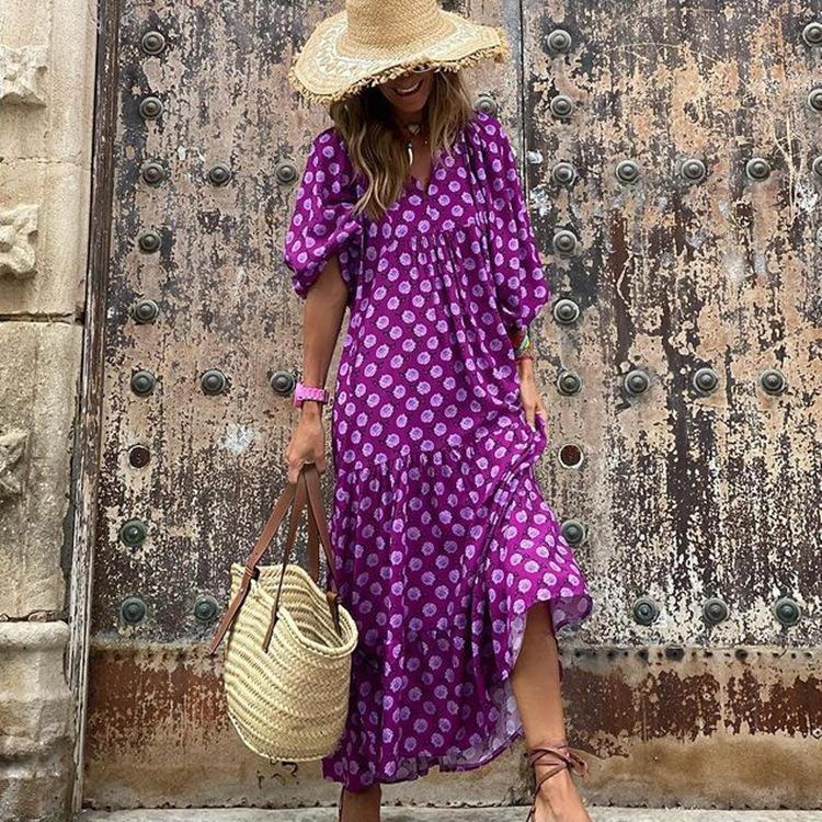 Sommer Puff Sleeve Boho Maxi Kleid Frauen Elegante 2024 Casual Floral Kordelzug V-ausschnitt Lose Urlaub Strand Kleider Party Vestidos