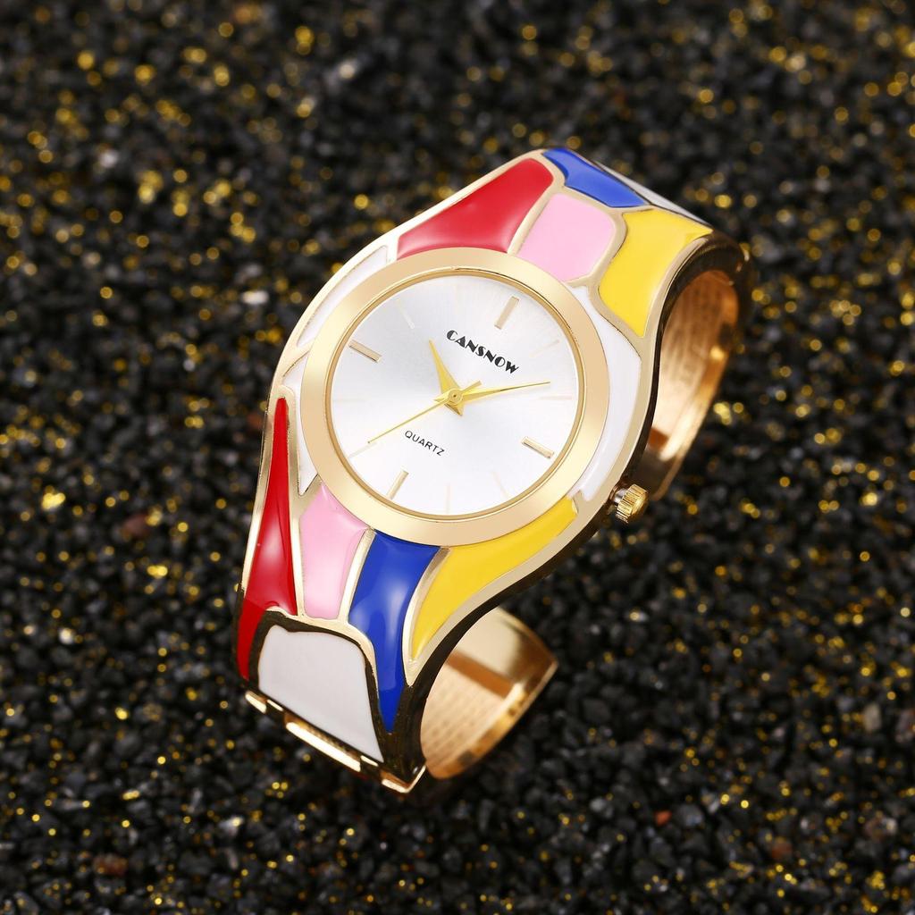 Women's Retro Style Random Oil Dripping Color Rainbow Quartz Bracelet Watch Elegant Ladies Women's Watch Clock