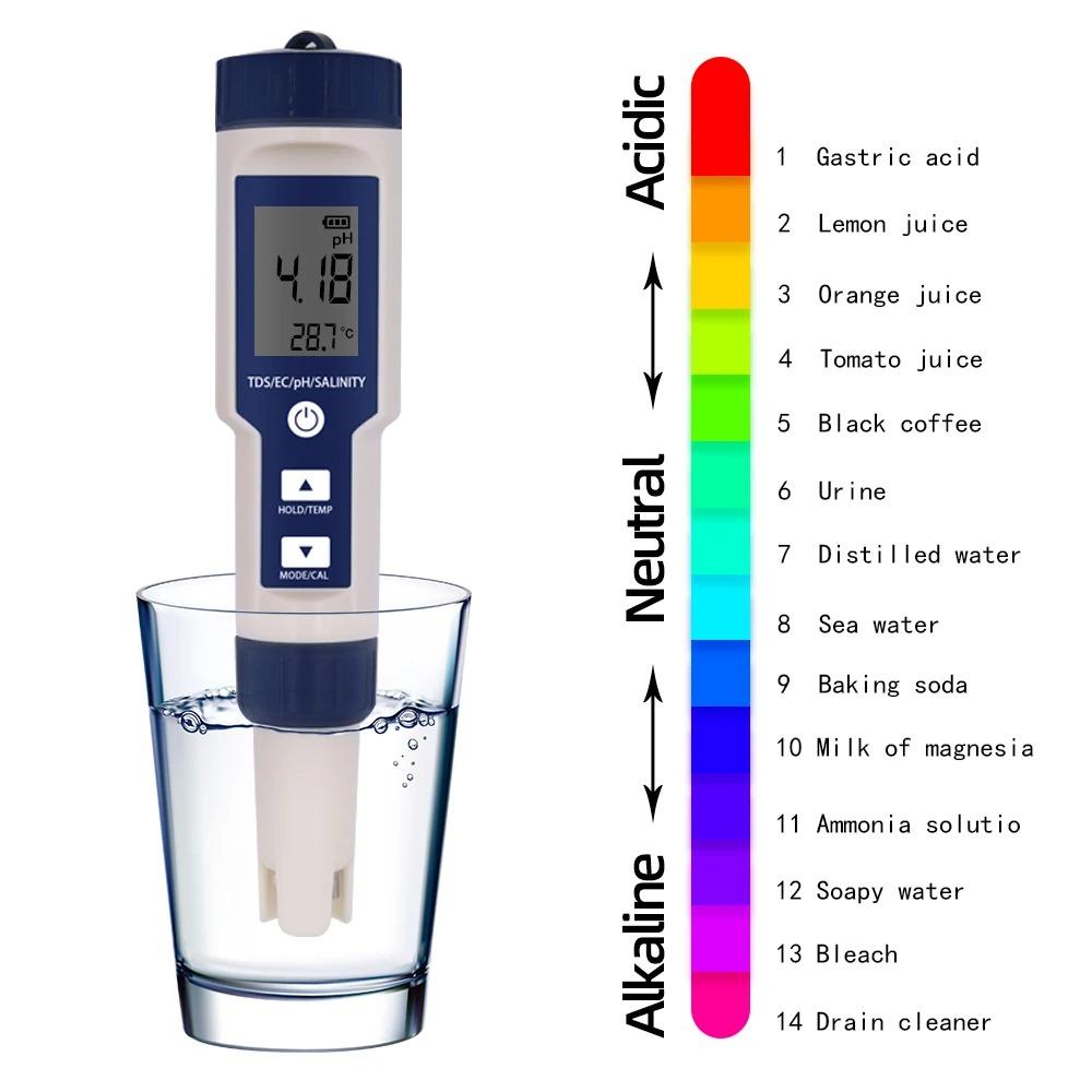 5 in 1 EC TDS Salinity Temperature PH Meter Water Quality Tester for Food Beverages Salt Content Aquarium Seawater ATC Meter