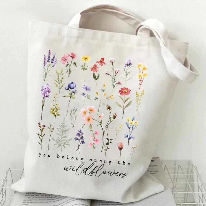 Fancy Style Studio Wildbloemen Liefhebber Canvas Boodschappentas Boho Vintage Bloemenpatroon Schoudertas Dames Positieve Quotes Print Veelzijdige Opbergtassen white
