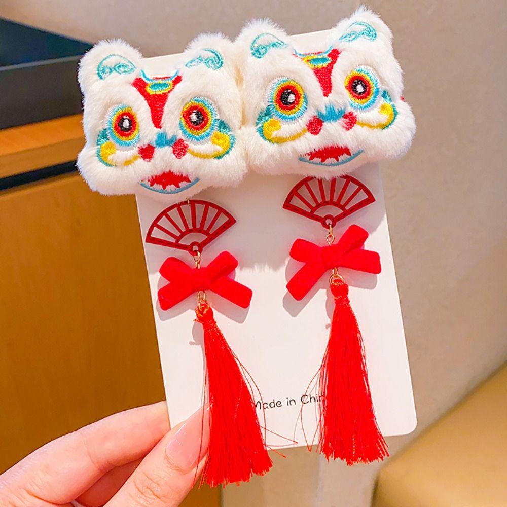 Plush Chinese New Year Headwear Tassel Ancient Style Hairpin Children Red Bow Hairpin  Children