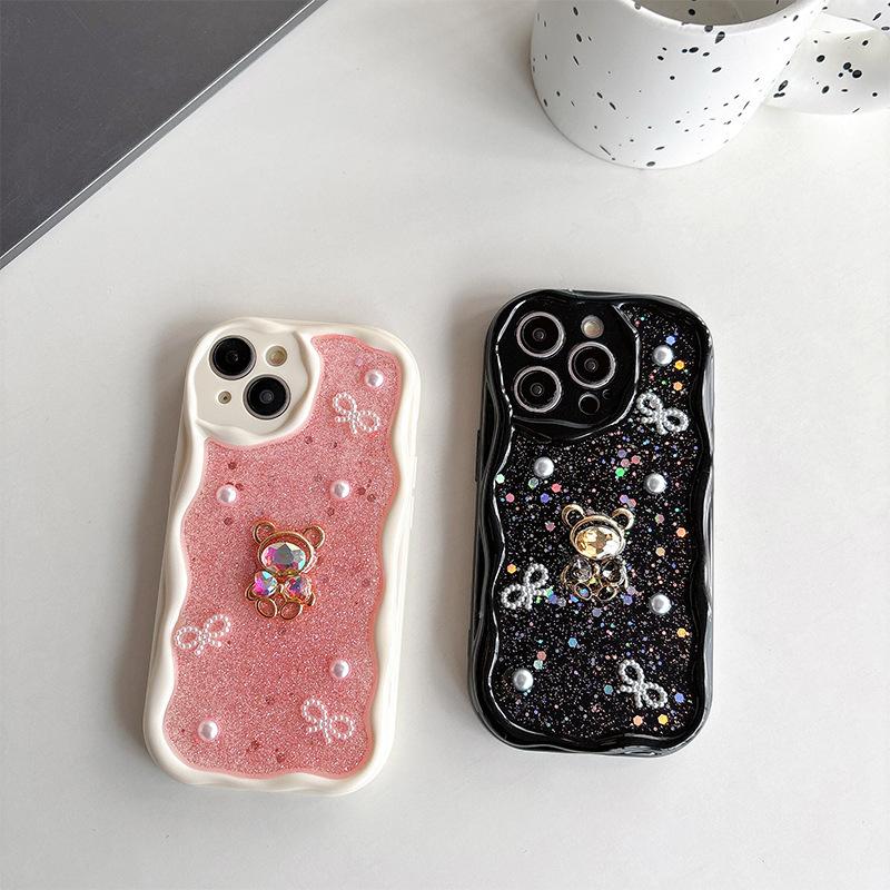 For Apple 17 Pro Diamond Bear Phone Case Light Luxury for IPhone 15 Plus Small Fragrant Style Ins Tie Sparkling Pink