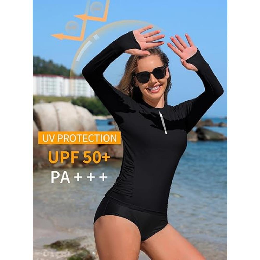 CHARMLEAKS Damen Rashguard Langarm Badeanzüge UV UPF 50+ Reißverschluss Schwimmshirt Schnelltrocknende Sonnenshirts