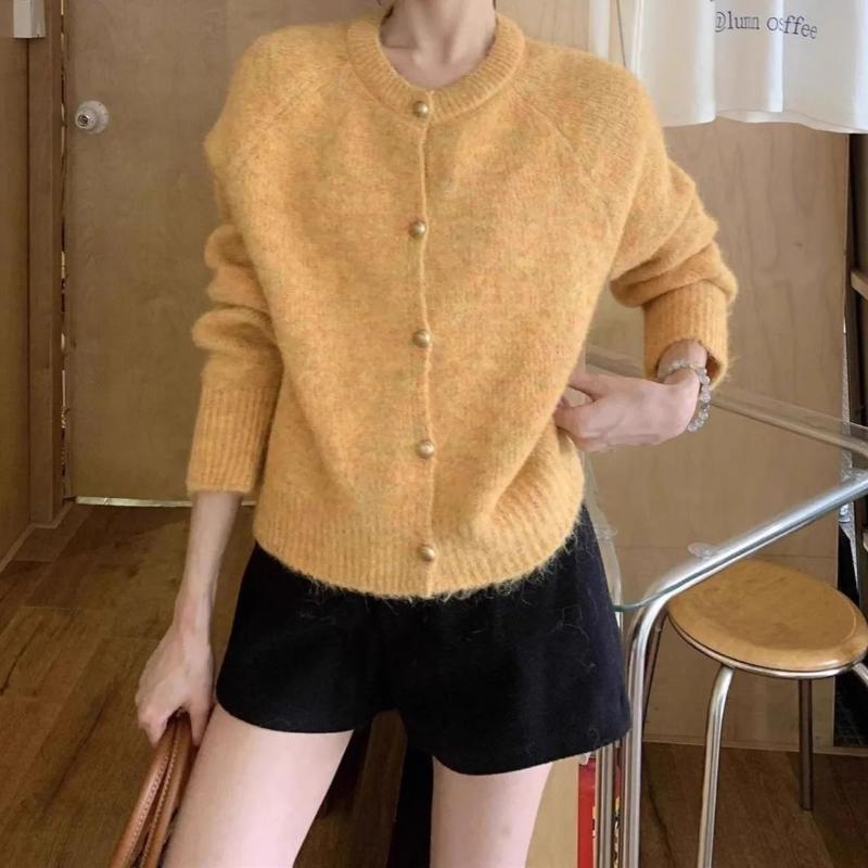 Womens Korean Soft Knit Cardigan Autumn Winter New Round Neck Small Gold Buttons Loose Sweater Coat