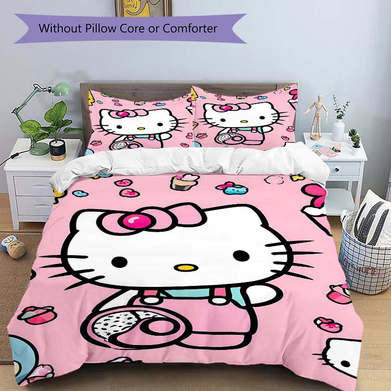 3pcs Hello Kitty's Whimsical Journey Through Colorful Treats and Friends Quilt Set Soft and Comfortable Bedroom, Guest Room and Dorm Decor Bedding